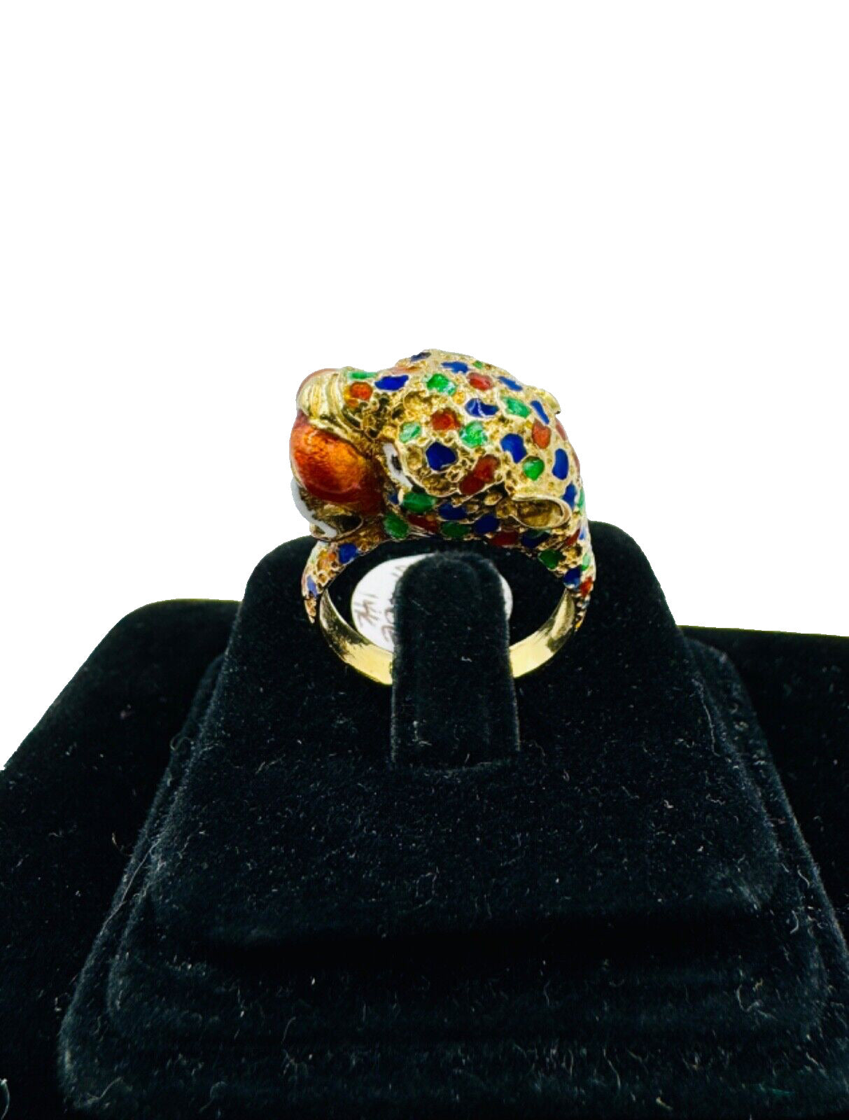 Estate 14k Yellow Gold  Leopard Ring Multi Color Enamel