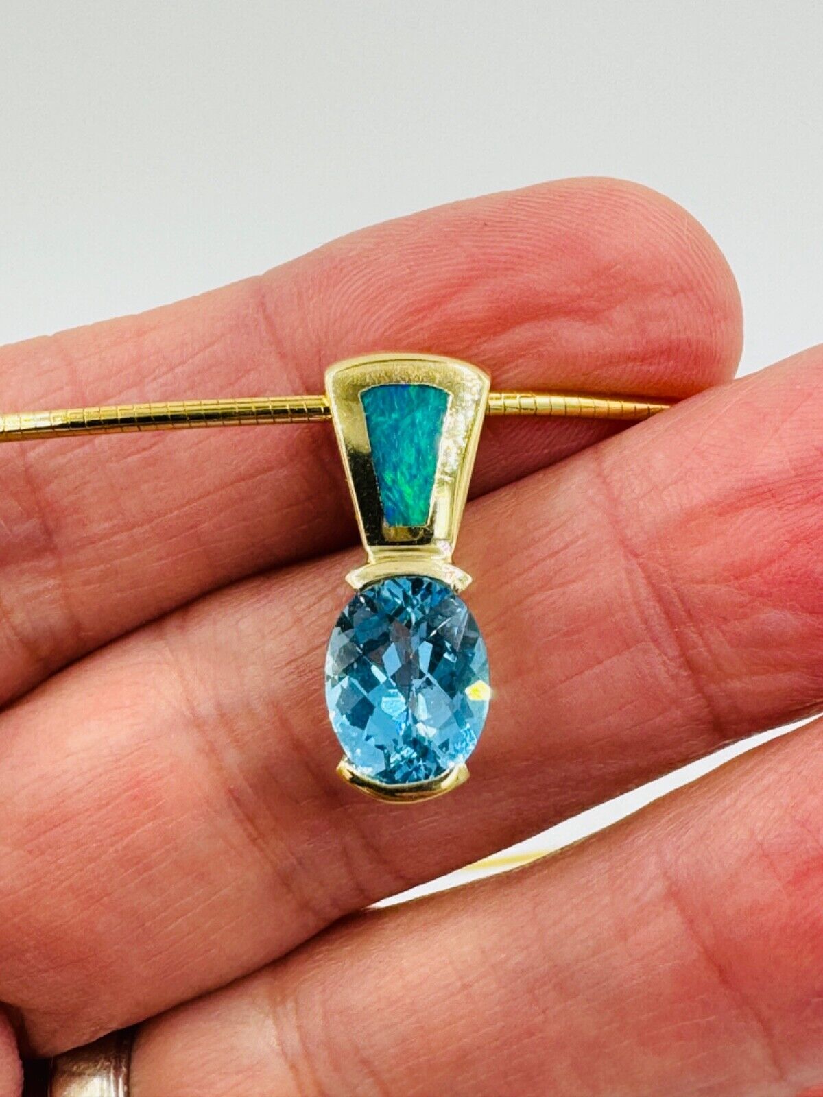 14k yellow Gold Opal and Blue Topaz  Pendant Necklace