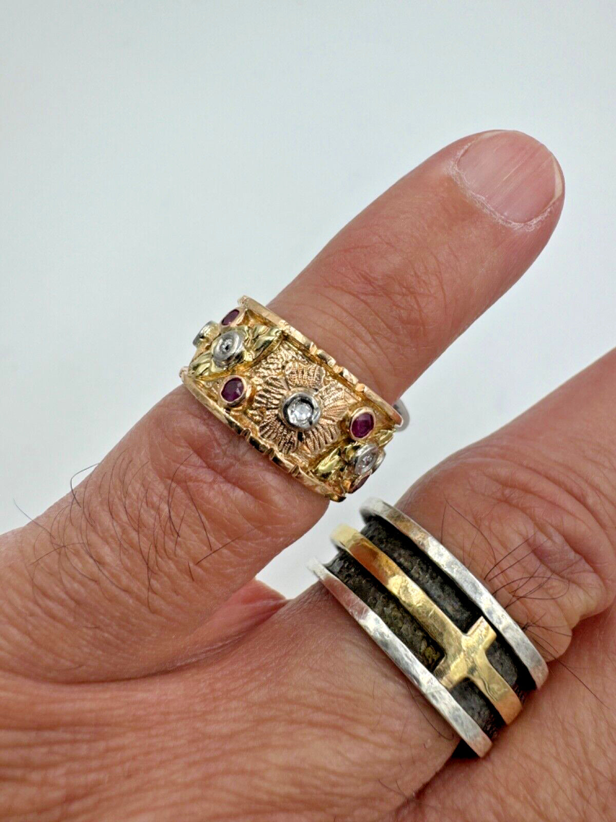 1940s Retro 14k Rose Gold Ruby Diamond 9mm Wide Band Ring