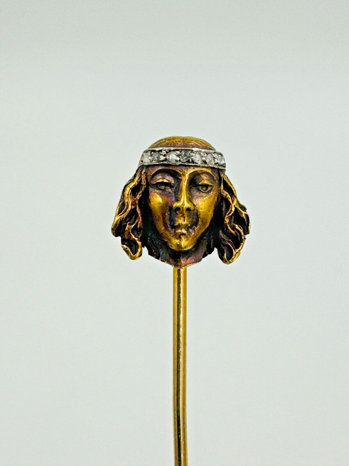 18k gold Art Nouveau Lady stick pin with Rose Cut Diamonds