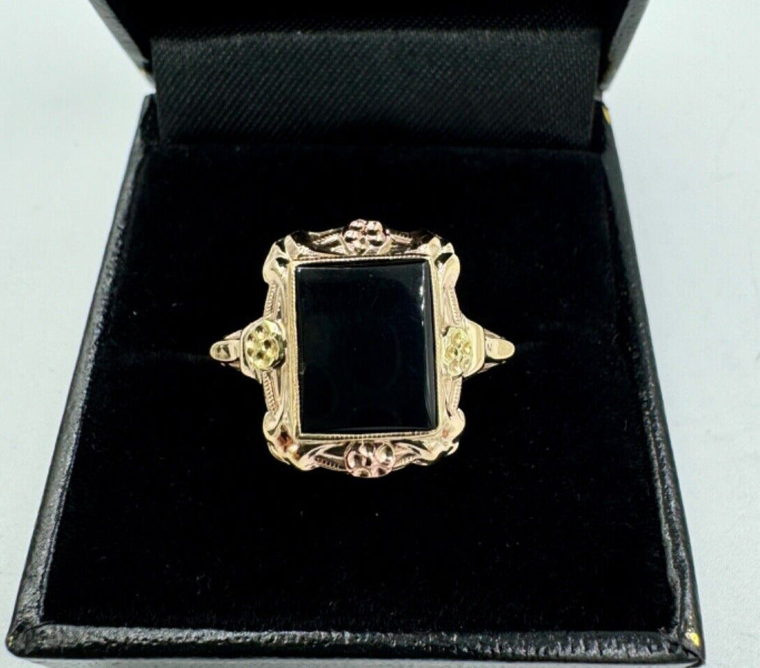 Art Deco 10K Tri Color Gold Onyx Ring