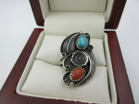 Vintage E Sterling Silver Ring Native American Coral Turquoise Feather