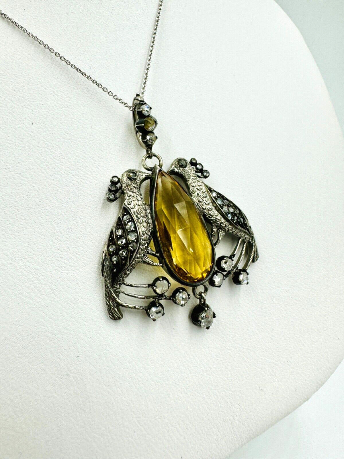 Victorian Peacock Citrine Rose Cut Diamond Pendant