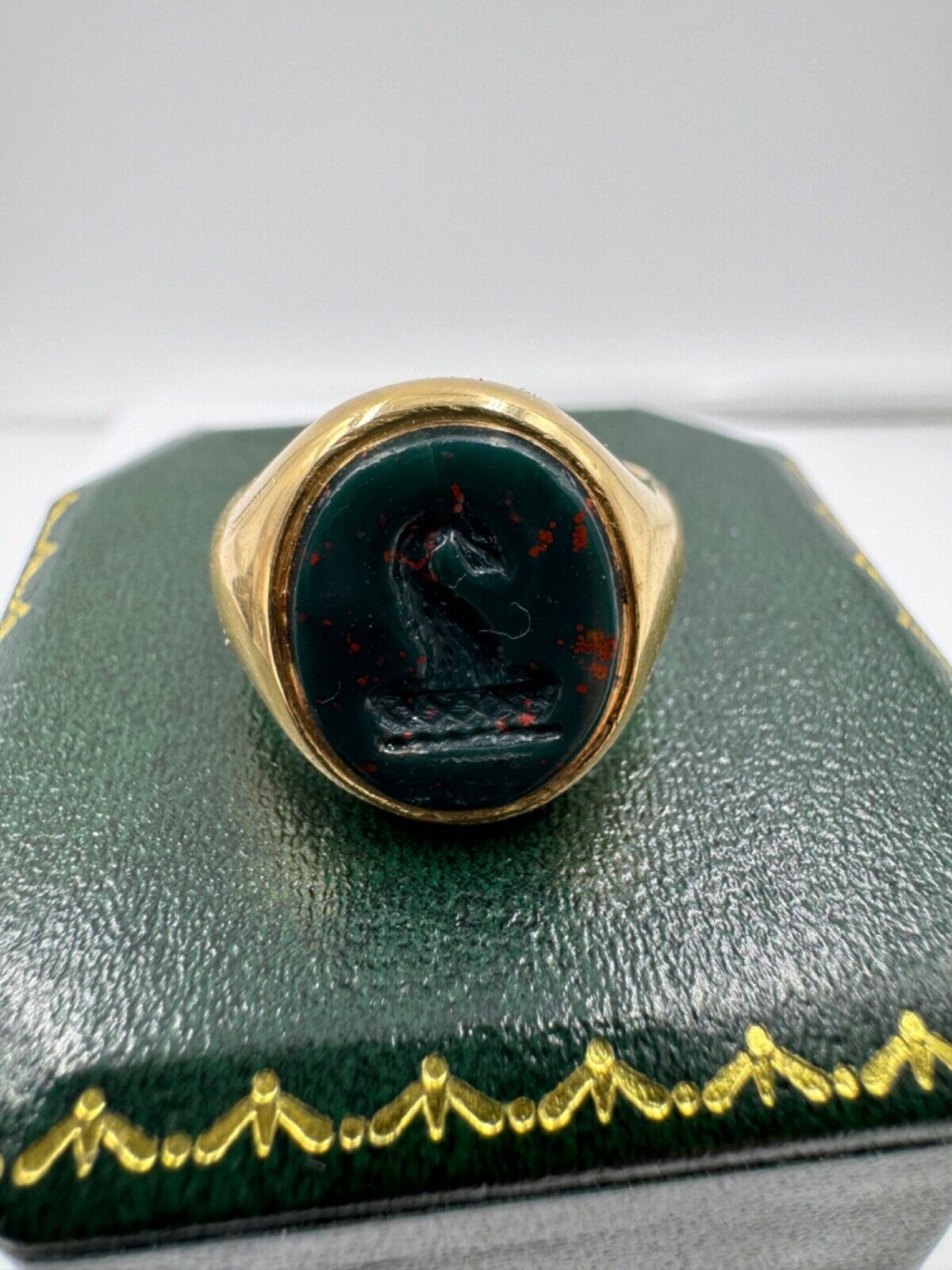 Antique London BloodStone Dragon Signet Ring 18k Circa 1918