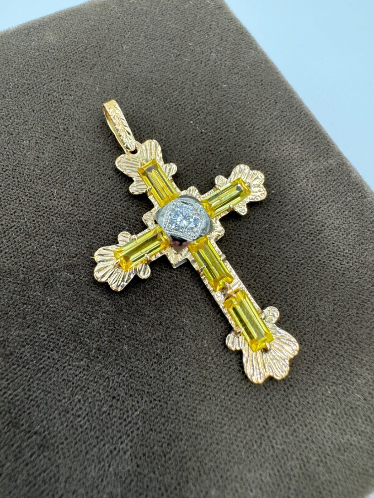 Estate Italian 18k Yellow Gold Diamond and Yellow Stone Cross Pendant