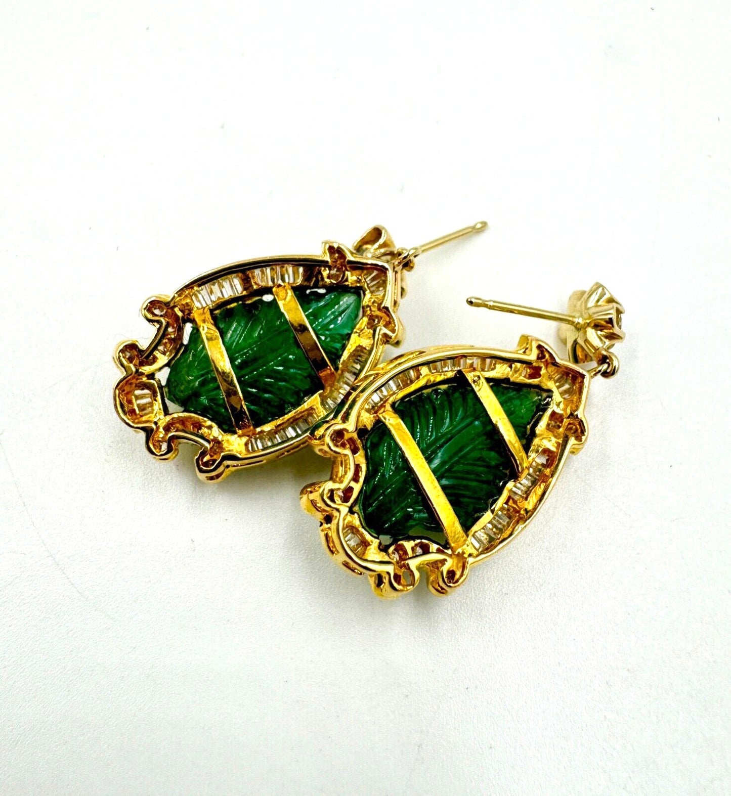 Vintage Carved Emerald Diamond Gold Dangle Earrings