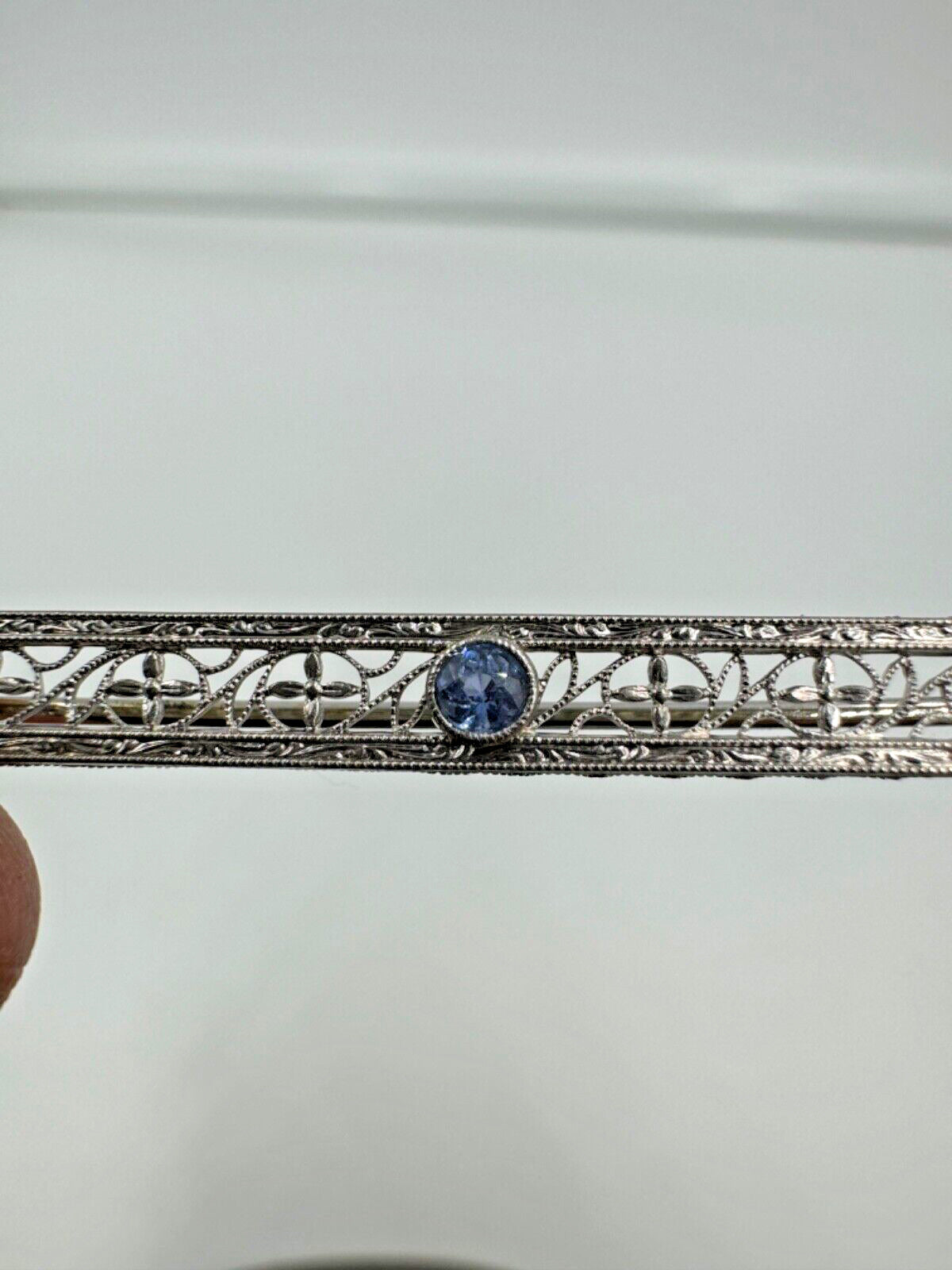 Art Deco Krementz 14k White Gold Filigree Natural Sapphire Bar Brooch Pin