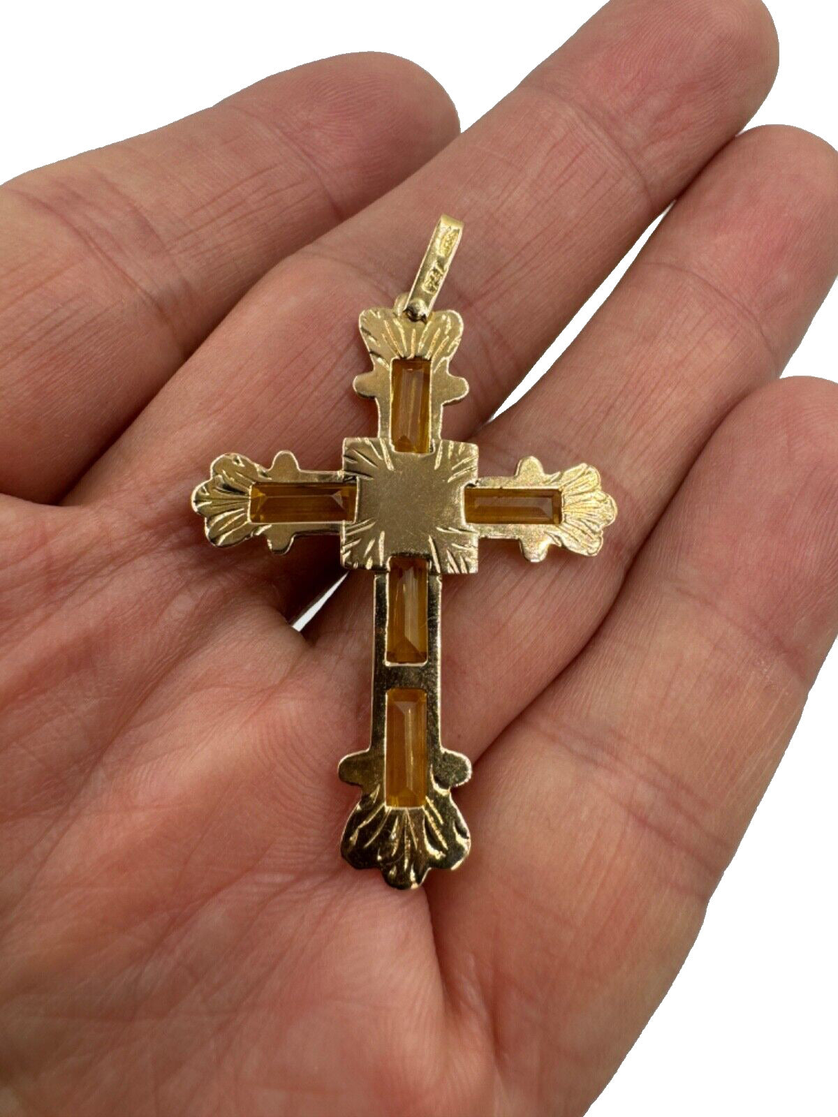 Estate Italian 18k Yellow Gold Diamond and Yellow Stone Cross Pendant