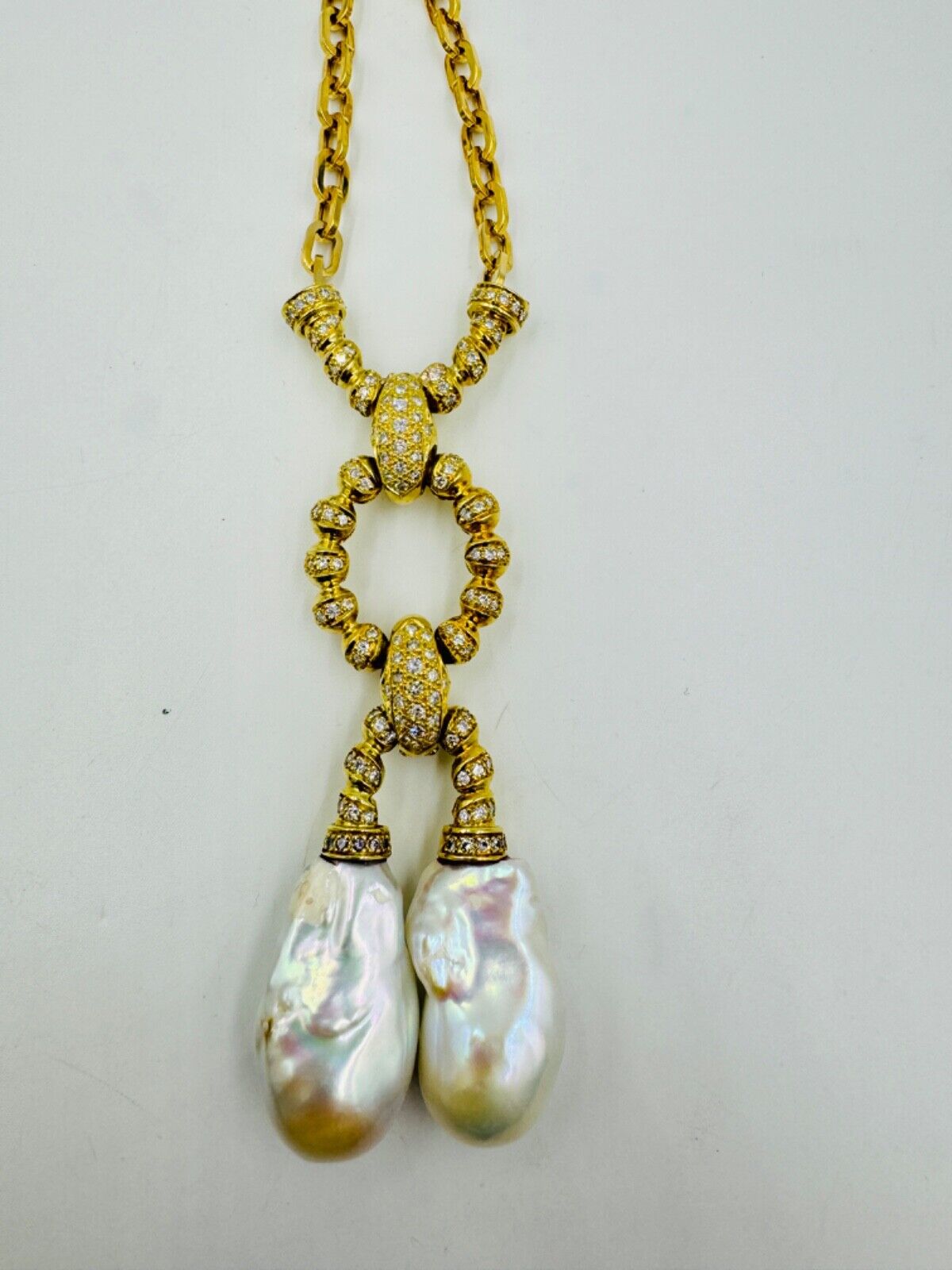 Estate Biwa Pearl Diamond Yellow Gold Dangle Pendant Necklace