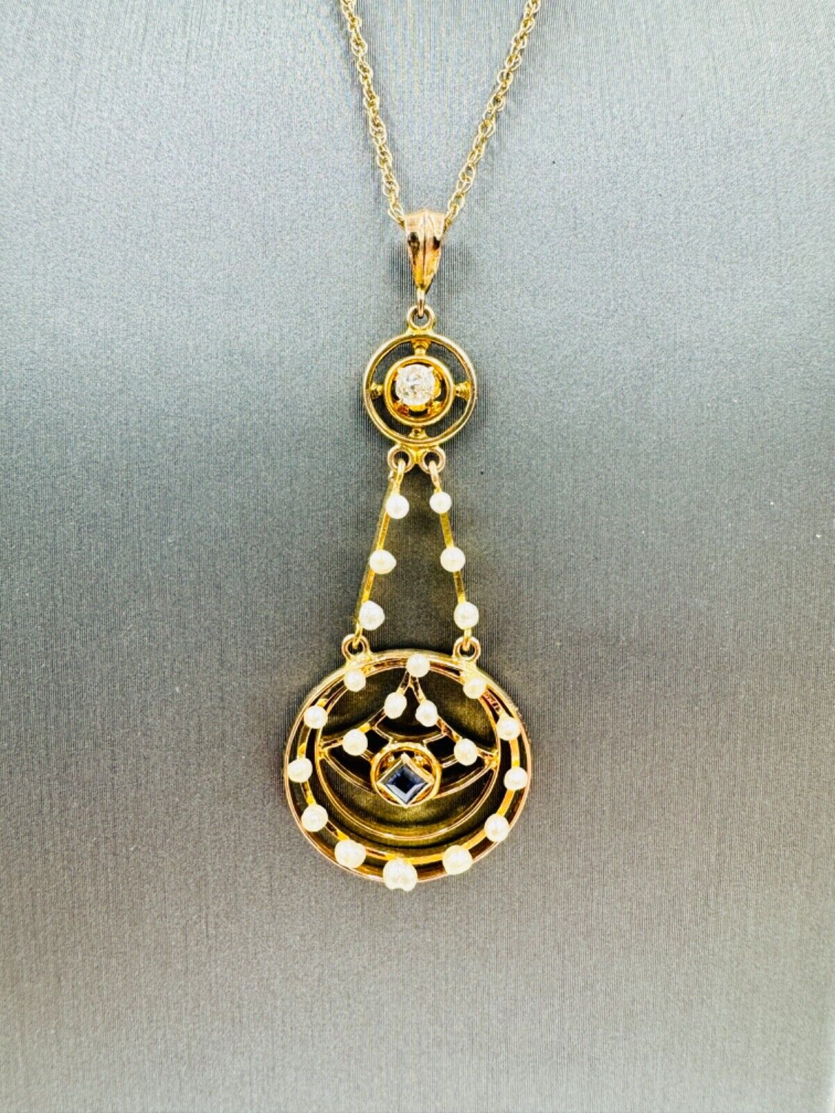 Antique Art Nouveau 10k Gold Sapphire and Pearl LAVALIER Dangle Pendant Necklace