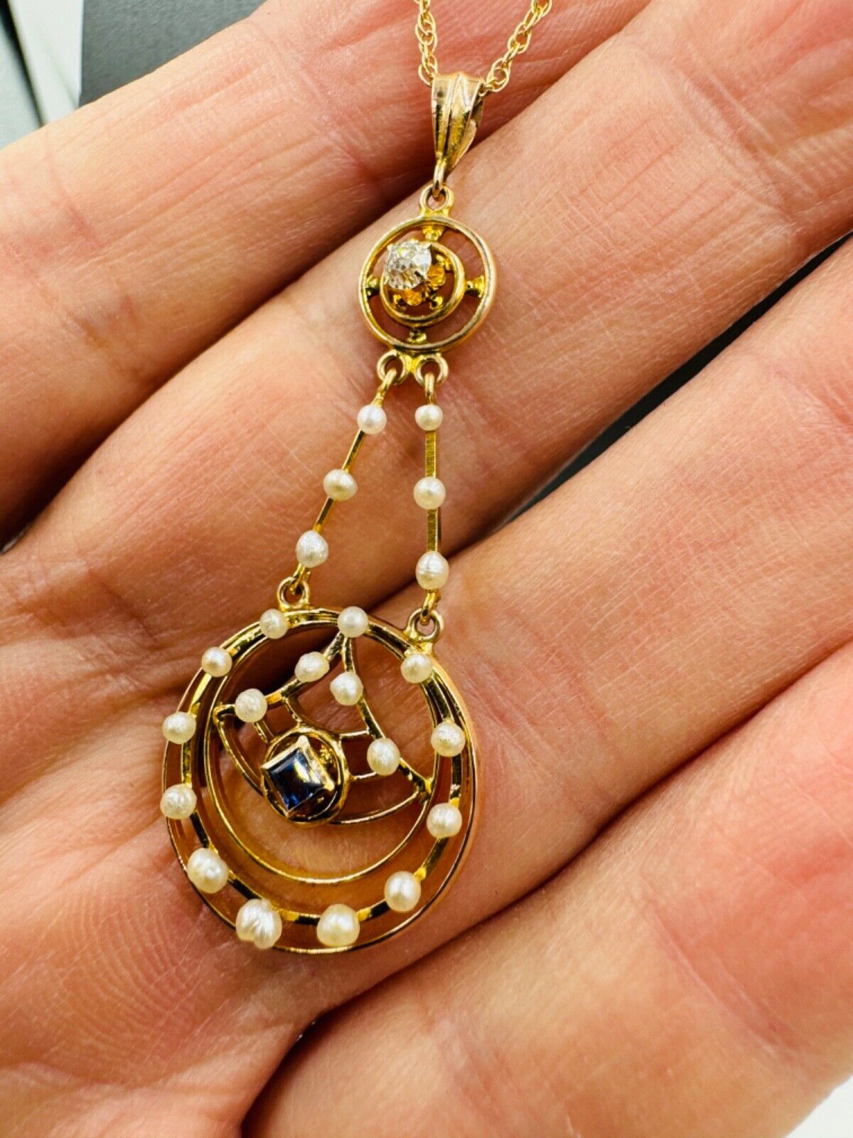 Antique Art Nouveau 10k Gold Sapphire and Pearl LAVALIER Dangle Pendant Necklace