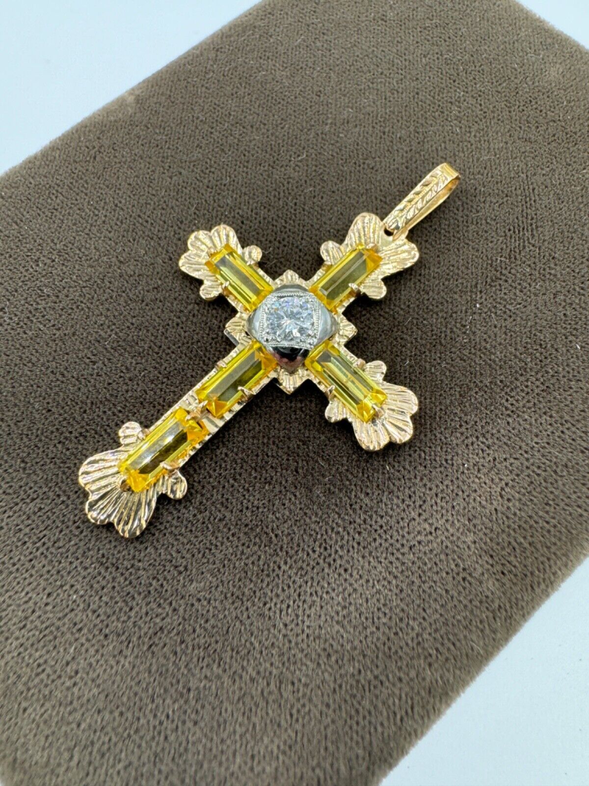 Estate Italian 18k Yellow Gold Diamond and Yellow Stone Cross Pendant