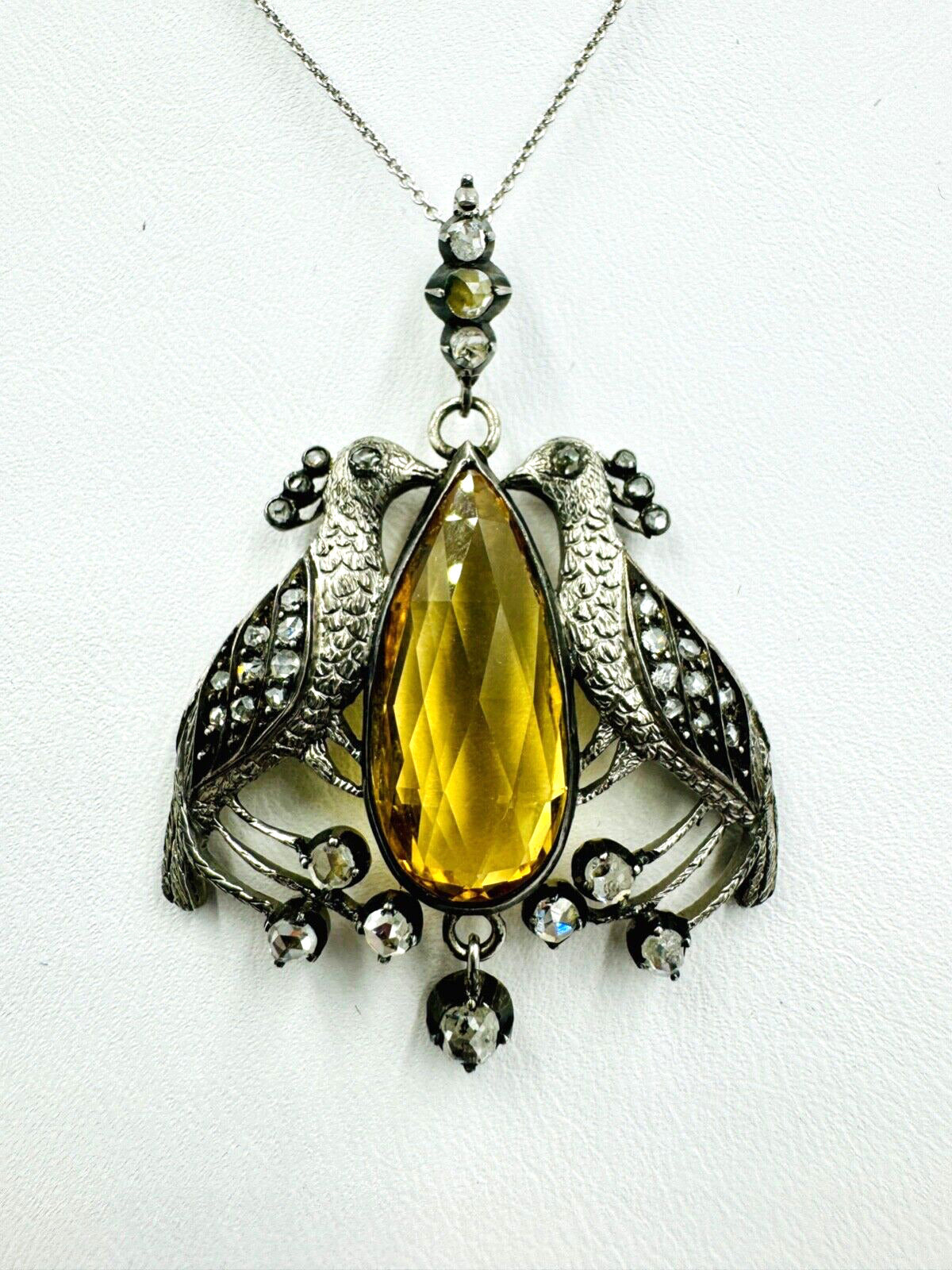 Victorian Peacock Citrine Rose Cut Diamond Pendant