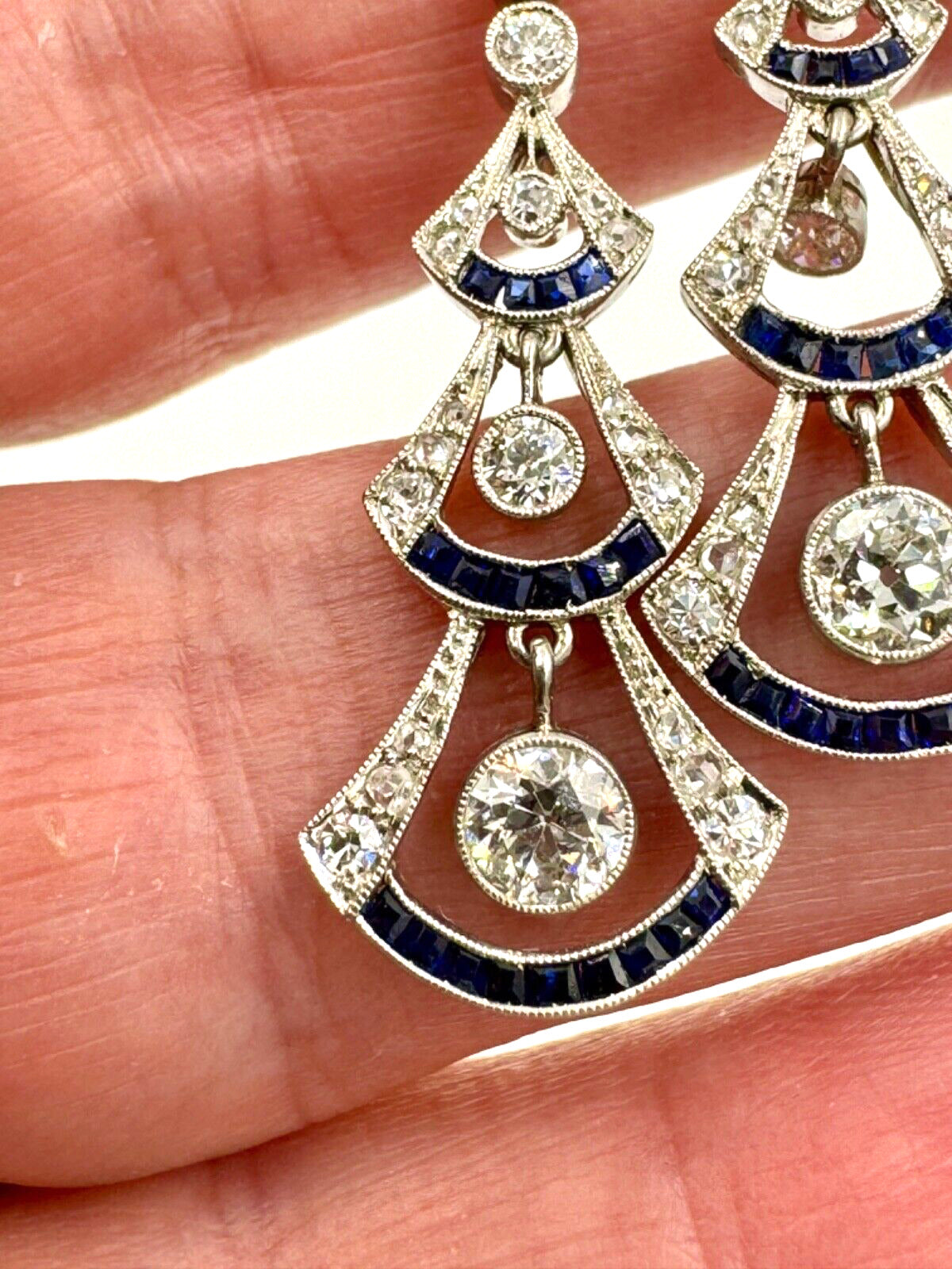 Art Deco Diamond Sapphire Platinum Dangling Earrings