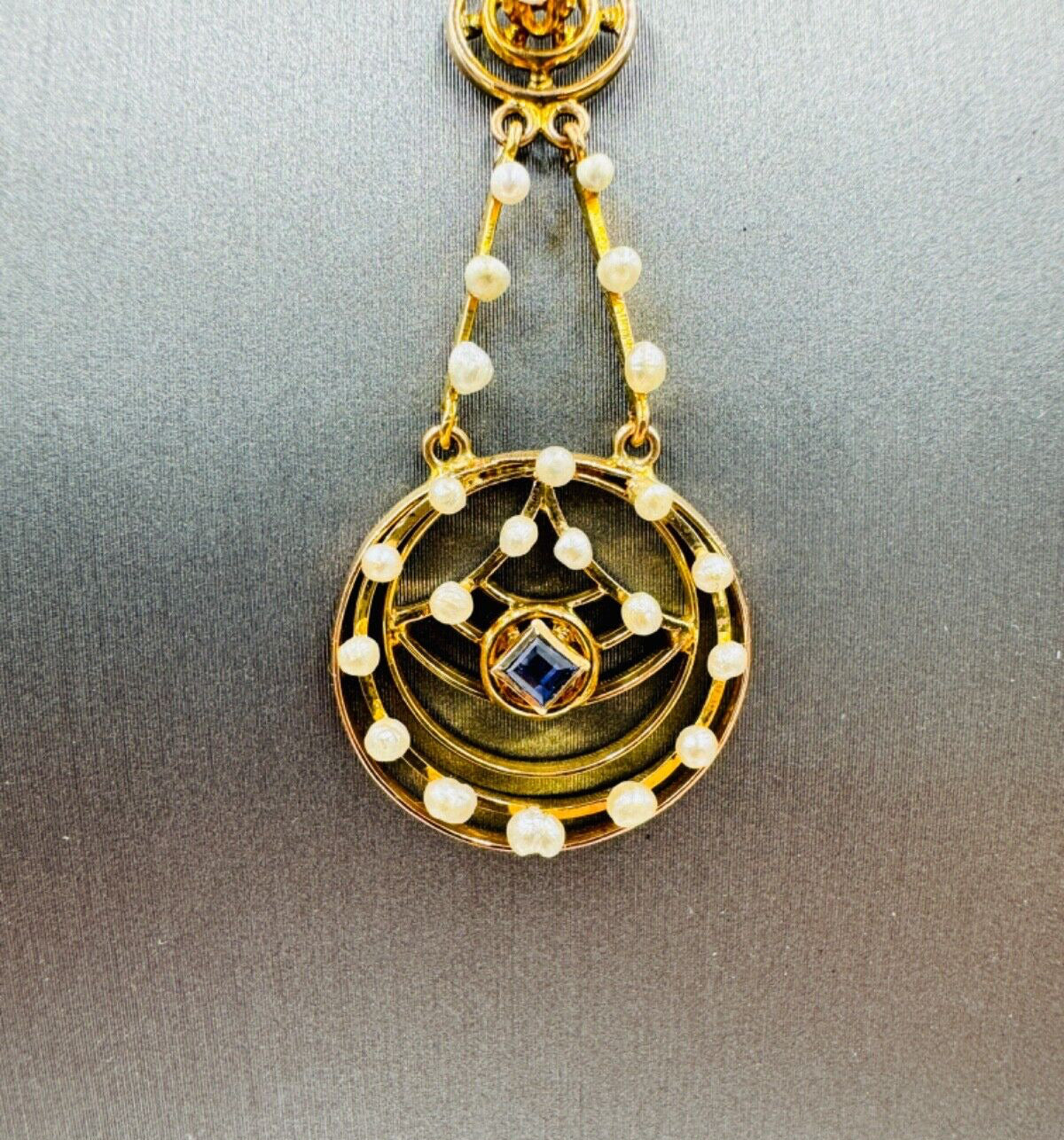 Antique Art Nouveau 10k Gold Sapphire and Pearl LAVALIER Dangle Pendant Necklace