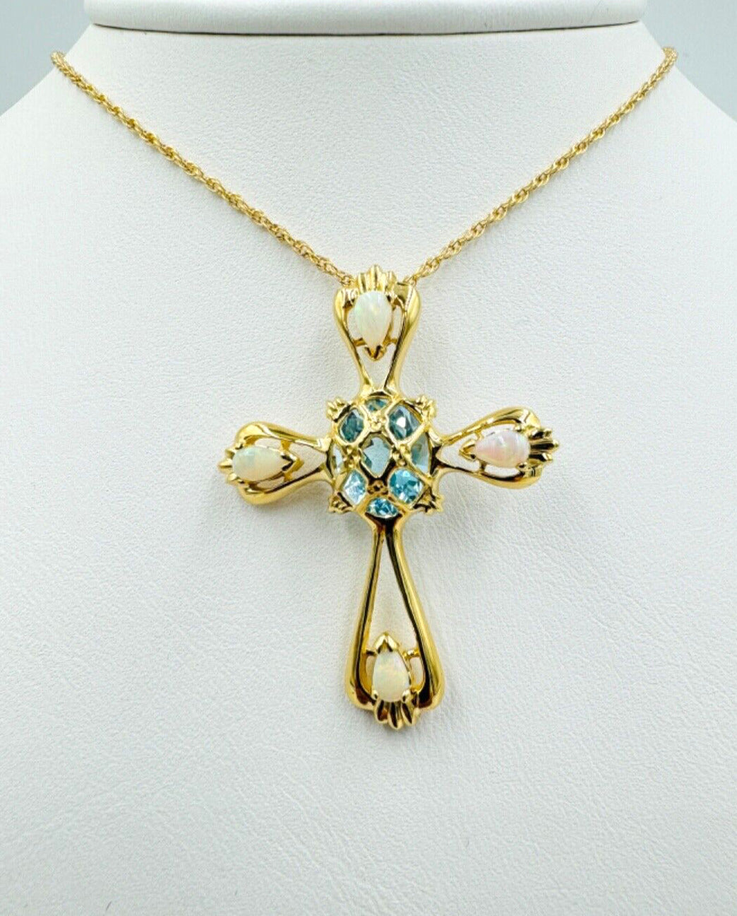 Estate 14k yellow gold Opal Topaz Cross Necklace Pendant