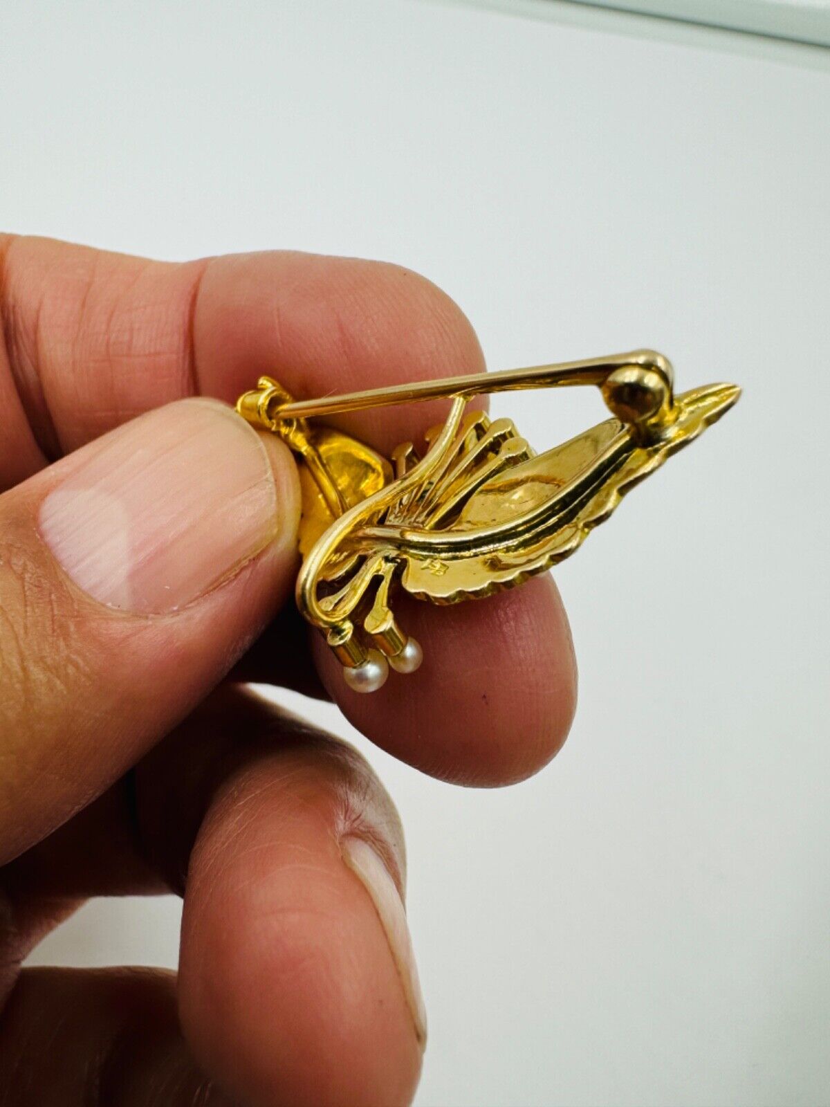 Hammerman Brothers 14K Yellow Gold Pearl Wings Crown Brooch Pin Vintage