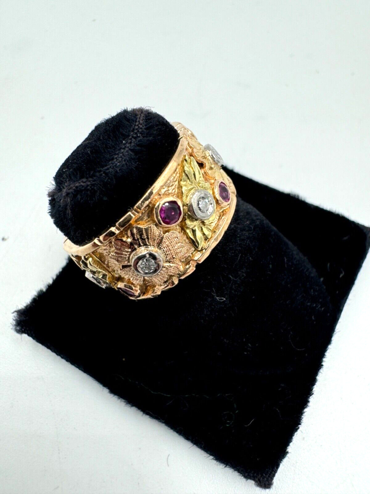 1940s Retro 14k Rose Gold Ruby Diamond 9mm Wide Band Ring