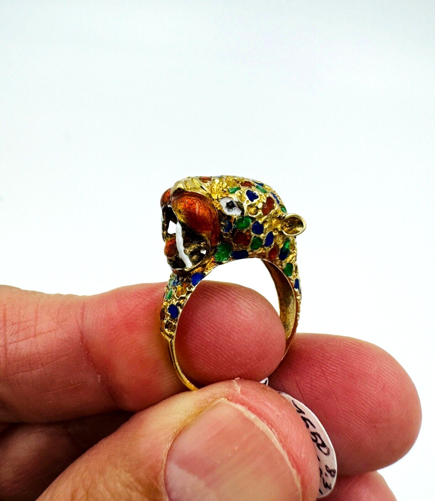 Estate 14k Yellow Gold  Leopard Ring Multi Color Enamel