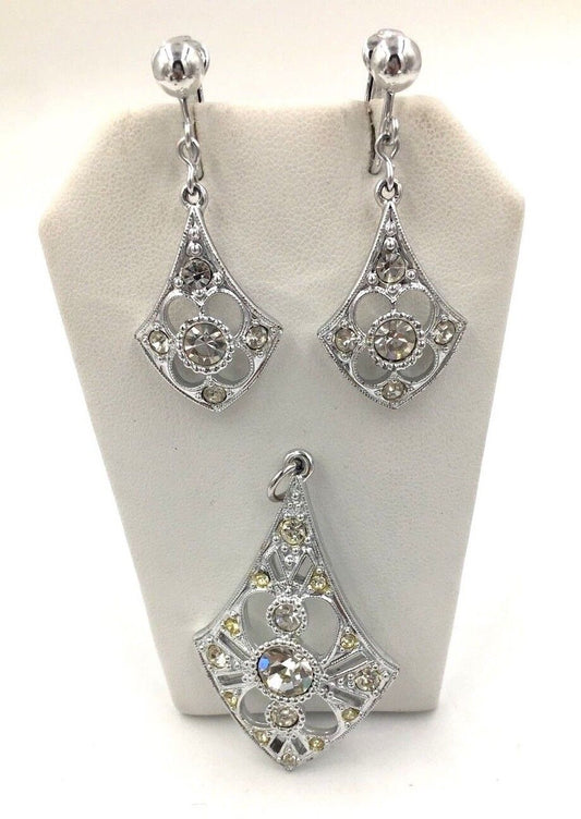 Vintage Sarah Coventry Rhinestone Pendant and Clip Earring Set