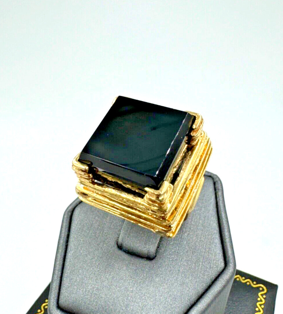 Abstract 14k Gold Square Black Onyx Ring Designer signed