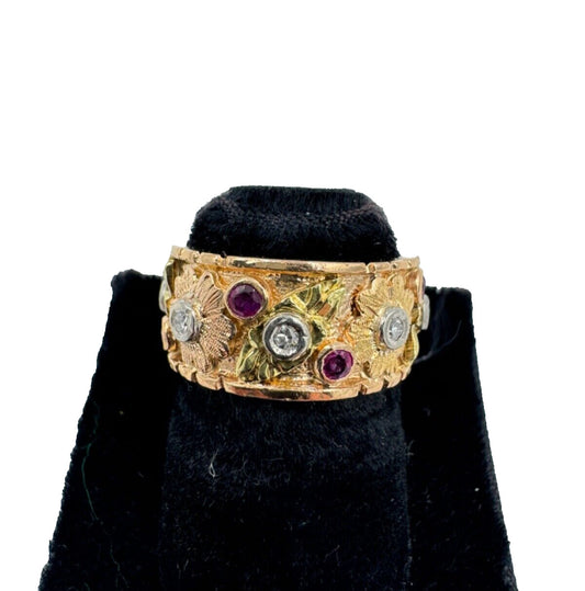 1940s Retro 14k Rose Gold Ruby Diamond 9mm Wide Band Ring