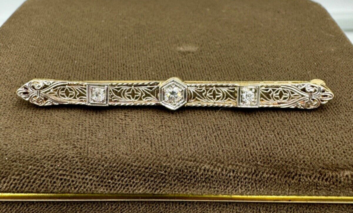 Taylor & Co Old Euro Cut Diamond 14k Yellow White Gold Brooch Pin