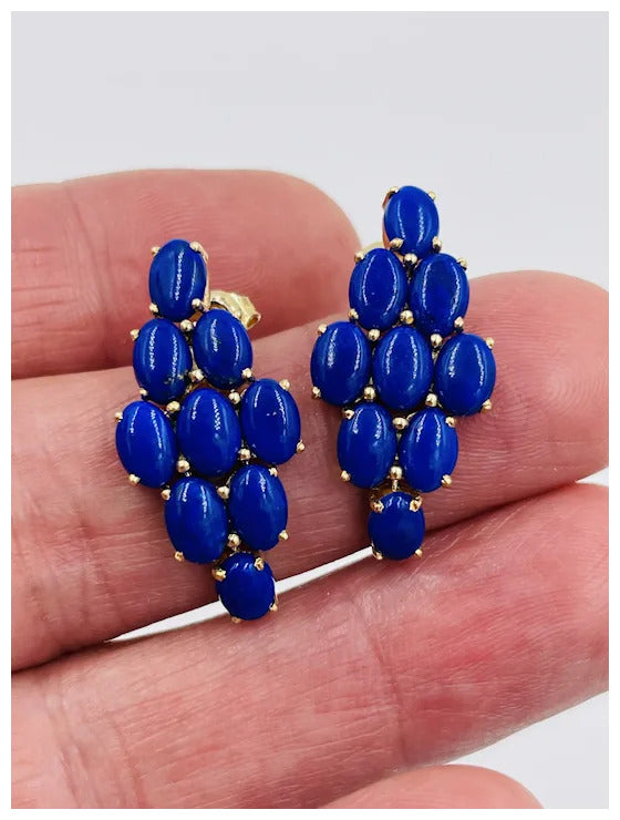 Vintage Hand Made 14k Gold Lapis Lazuli dangle earrings Mid-Century