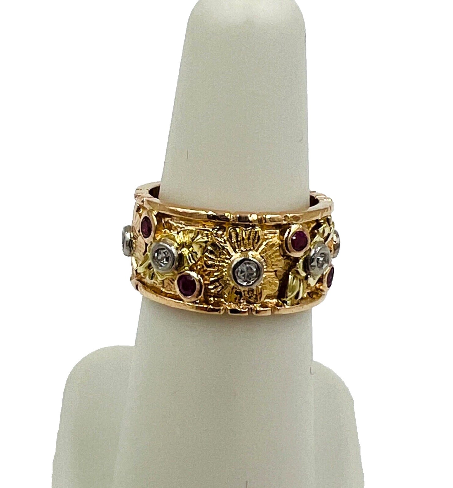 1940s Retro 14k Rose Gold Ruby Diamond 9mm Wide Band Ring