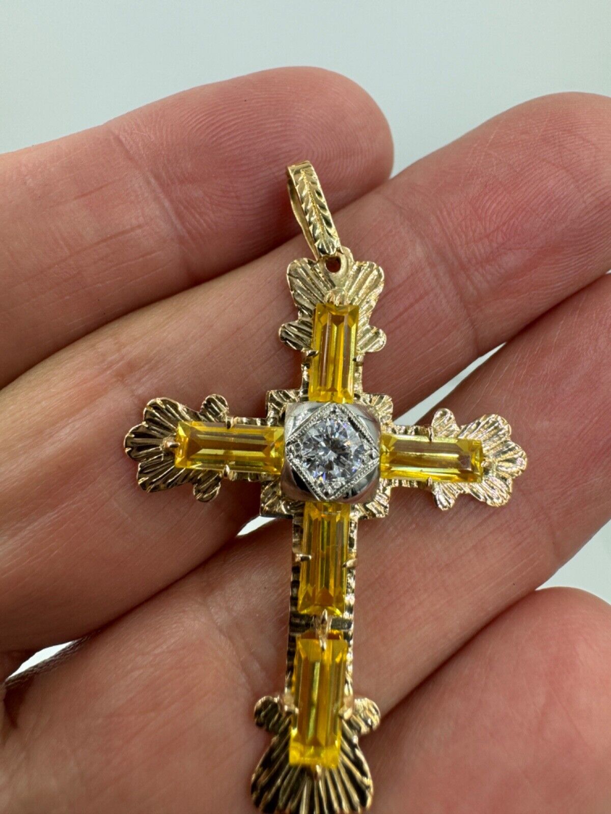 Estate Italian 18k Yellow Gold Diamond and Yellow Stone Cross Pendant