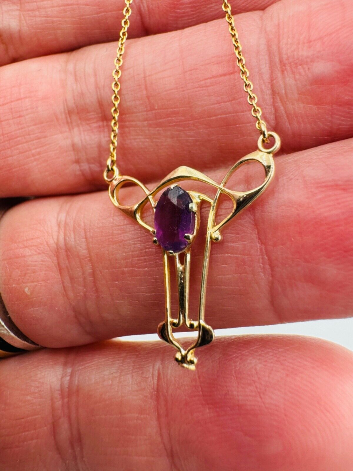 Antique Art Nouveau 14k Gold Amethyst LAVALIER Dangle Pendant