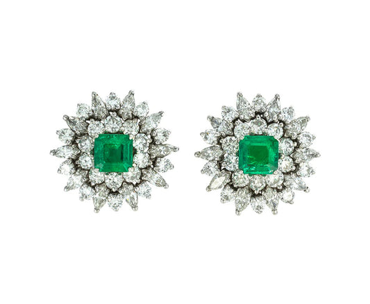 Estate Emerald Diamond Platinum Cluster Earrings