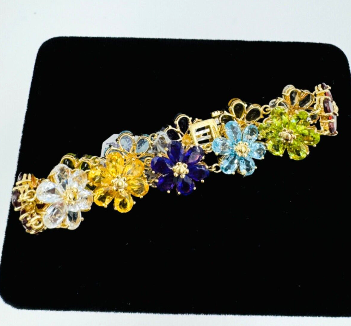 14k Yellow Gold Multi Gemstone Flower Link bracelet Signed