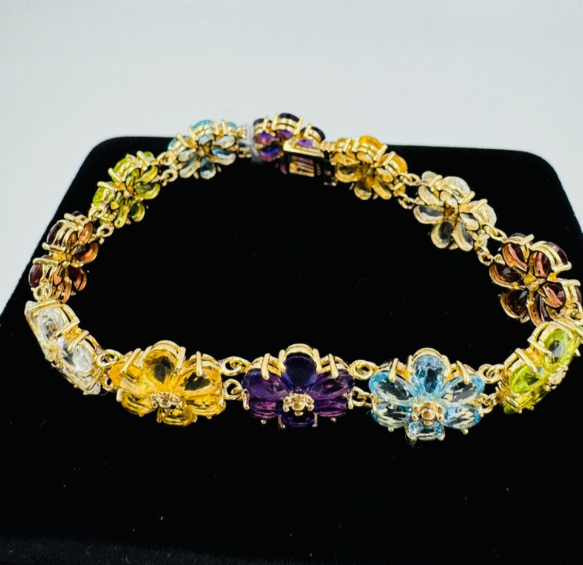 14k Yellow Gold Multi Gemstone Flower Link bracelet Signed