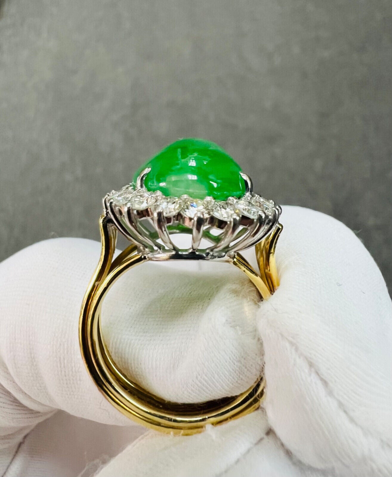 GIA Jade Diamonds Halo 18k Yellow Gold and Platinum Cocktail Ring