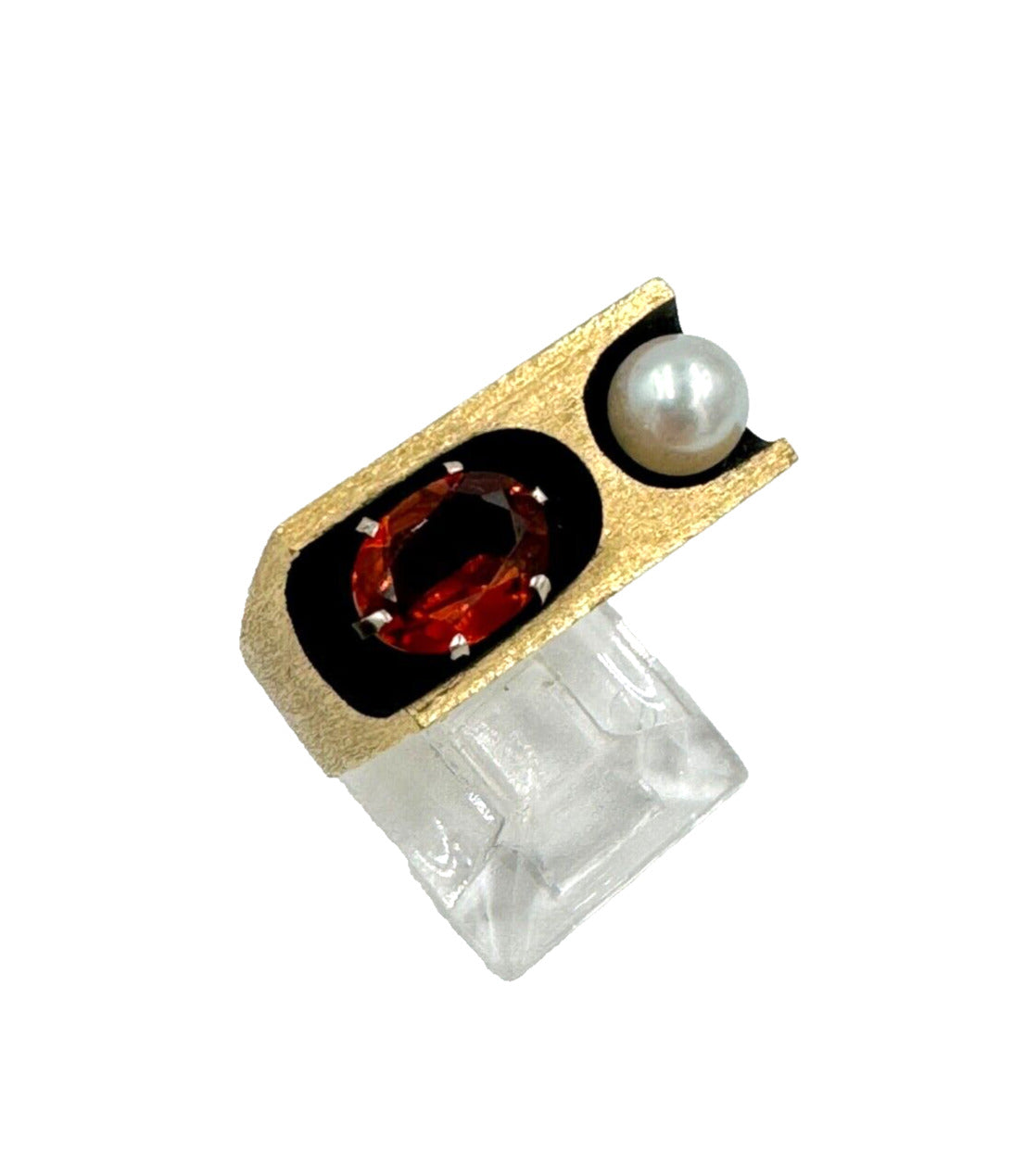 Mid Century 14k Yellow Gold Garnet Pearl Men's Ring Signed NW
