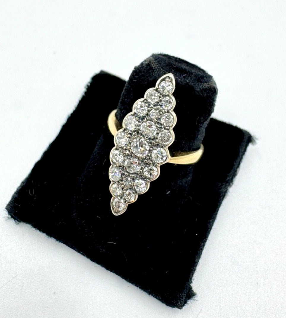 Antique 18K Gold Diamond Silver Top Cluster Navette Ring