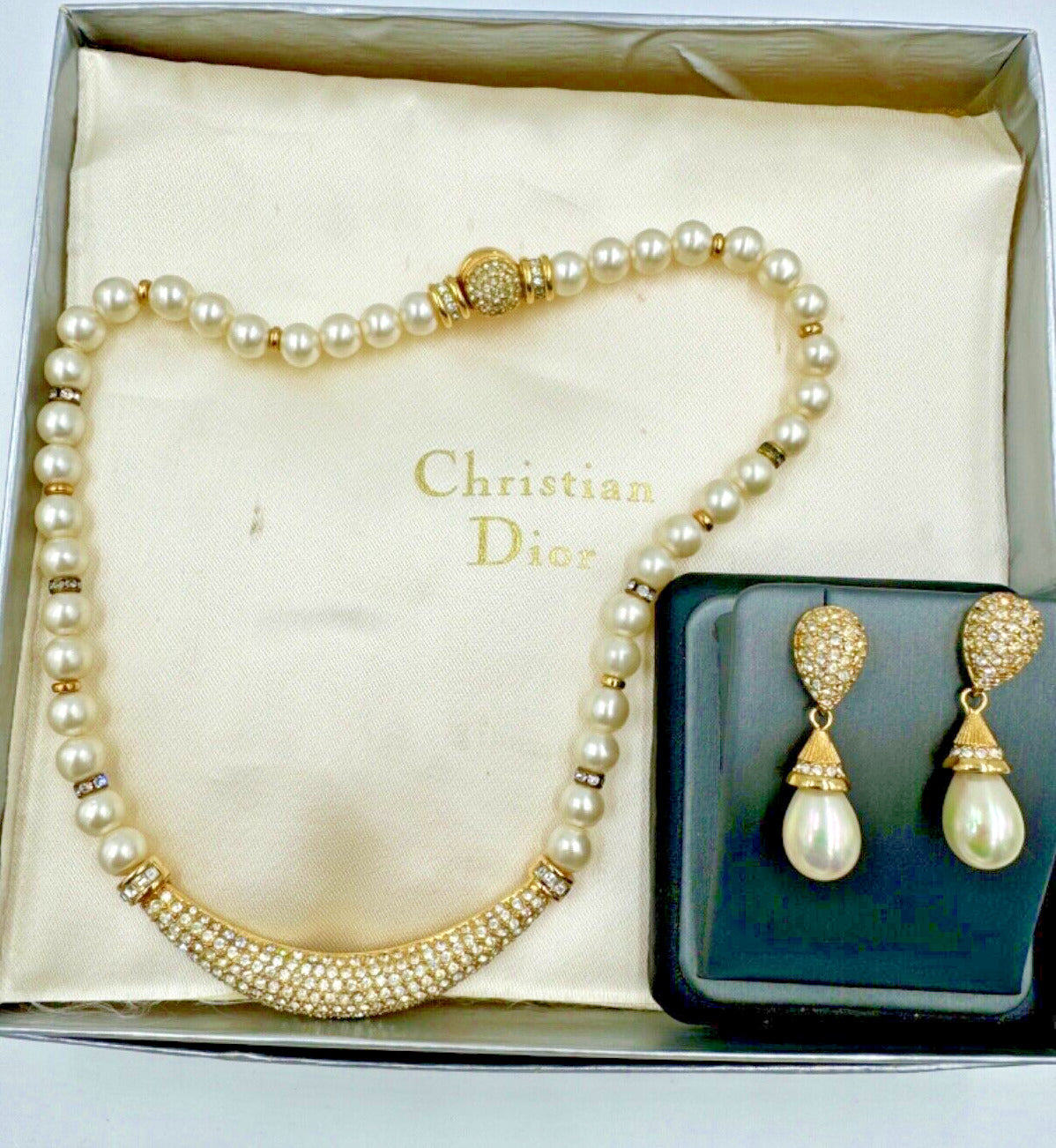 Christian Dior GROSSE Faux Pearl and Rhinstone Choker Dangle Earrings Set