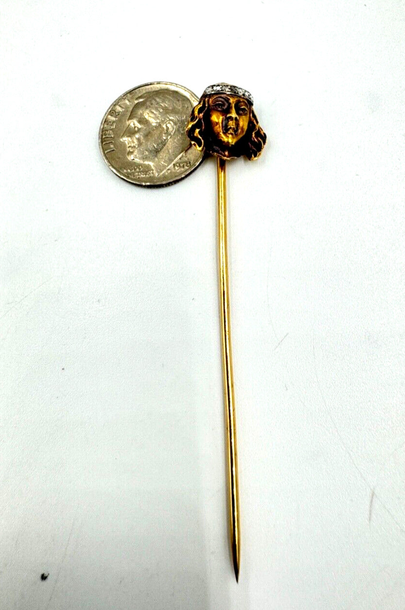 18k gold Art Nouveau Lady stick pin with Rose Cut Diamonds