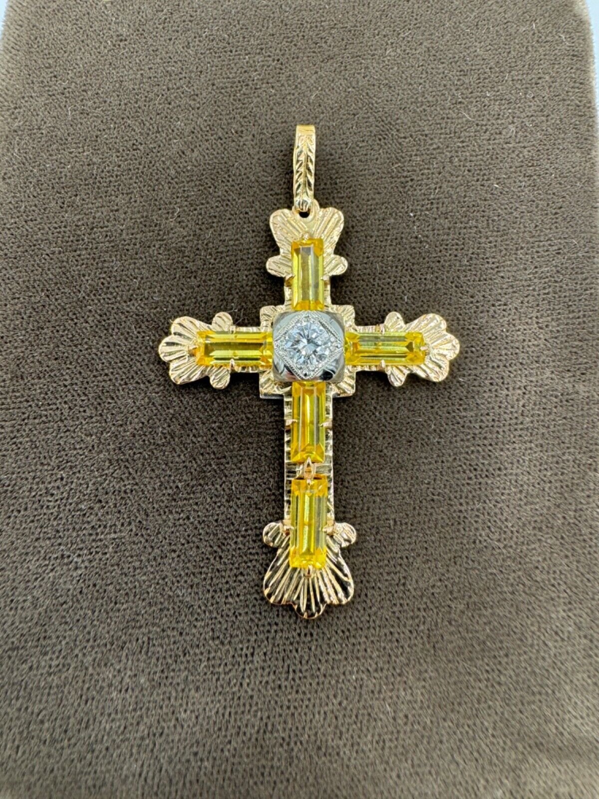 Estate Italian 18k Yellow Gold Diamond and Yellow Stone Cross Pendant