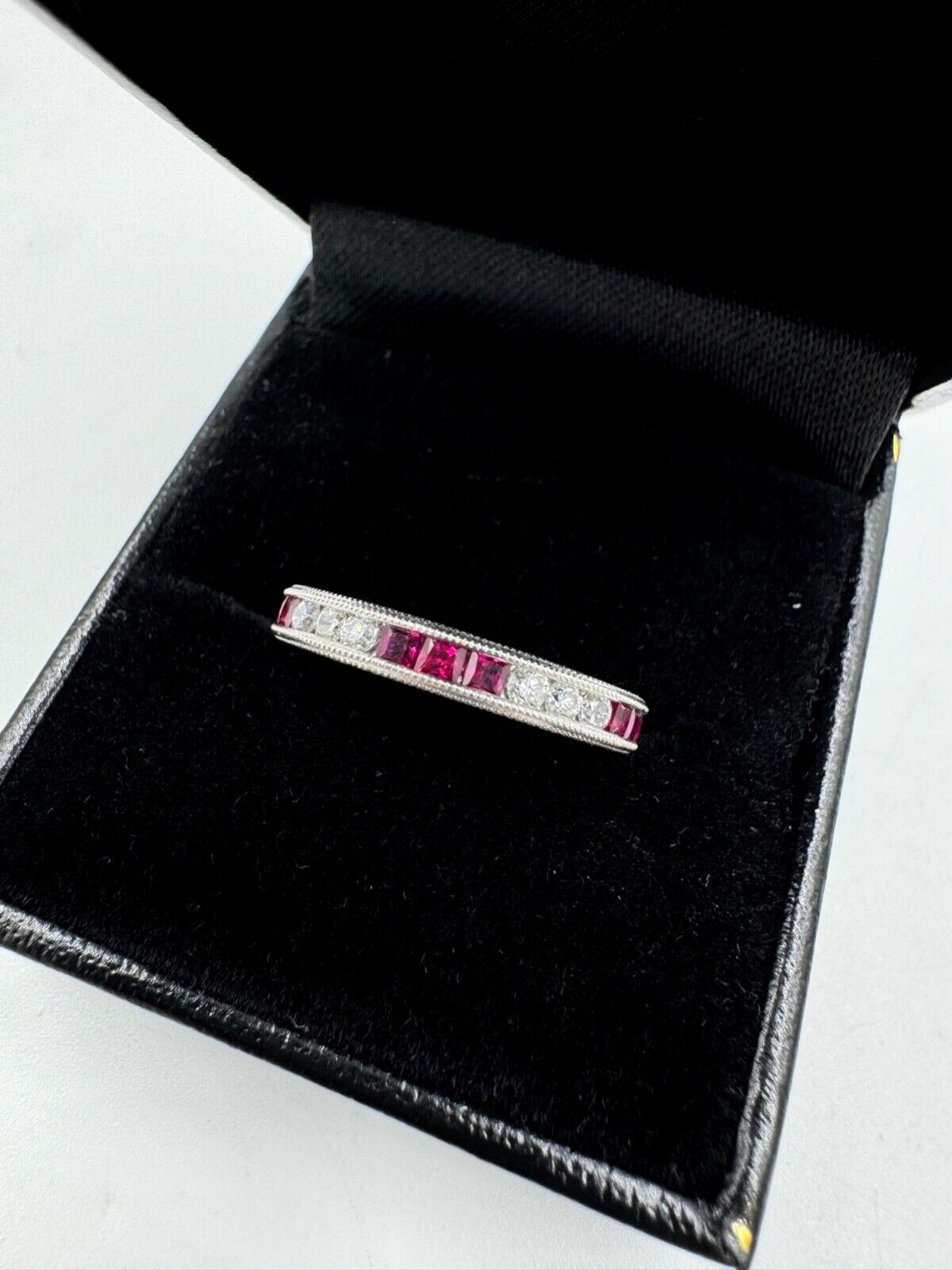 Platinum Ruby and Diamond Etched Band Ring 3mm