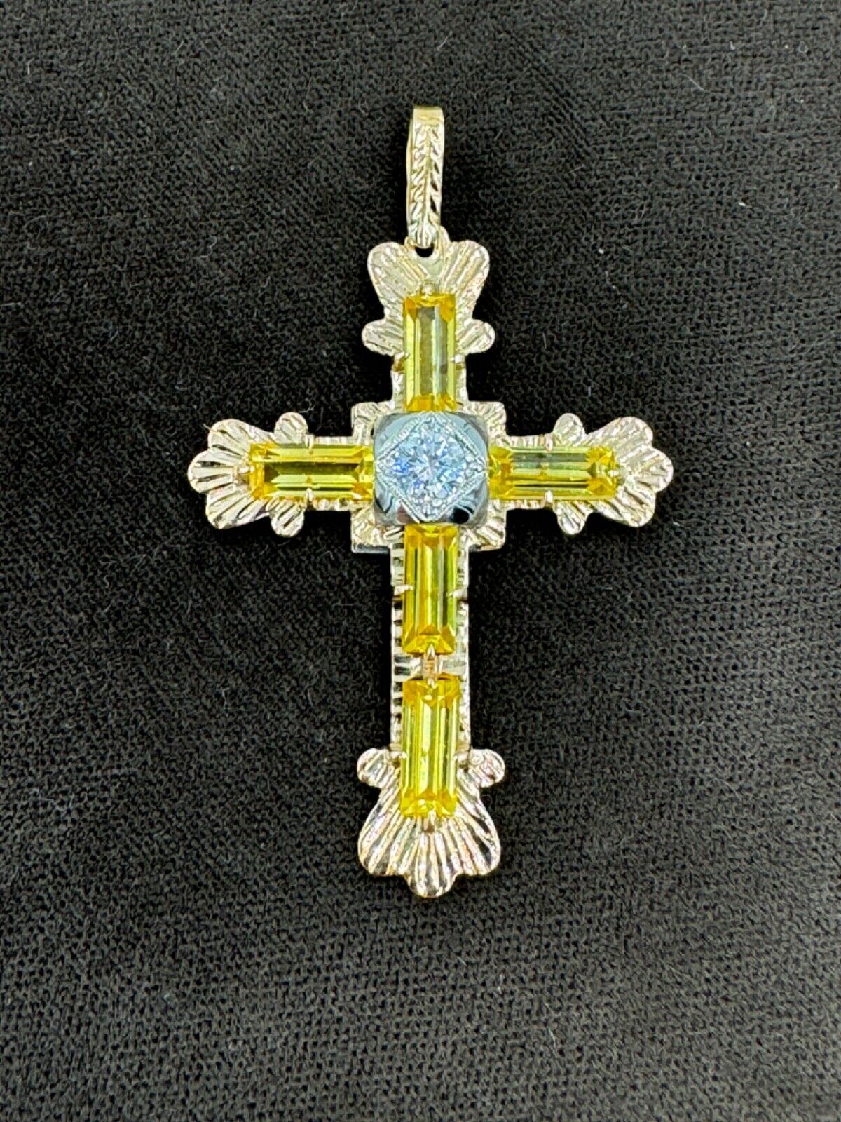 Estate Italian 18k Yellow Gold Diamond and Yellow Stone Cross Pendant