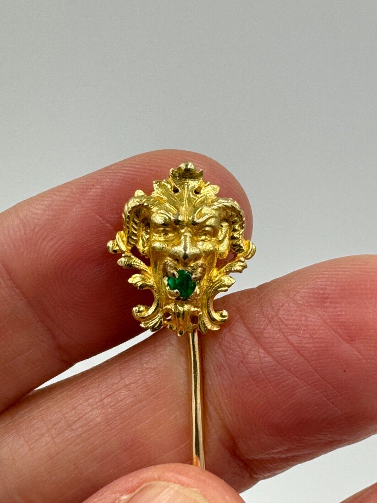 Antique French  18k gold Mythical figure stick pin Hat pin Emerald