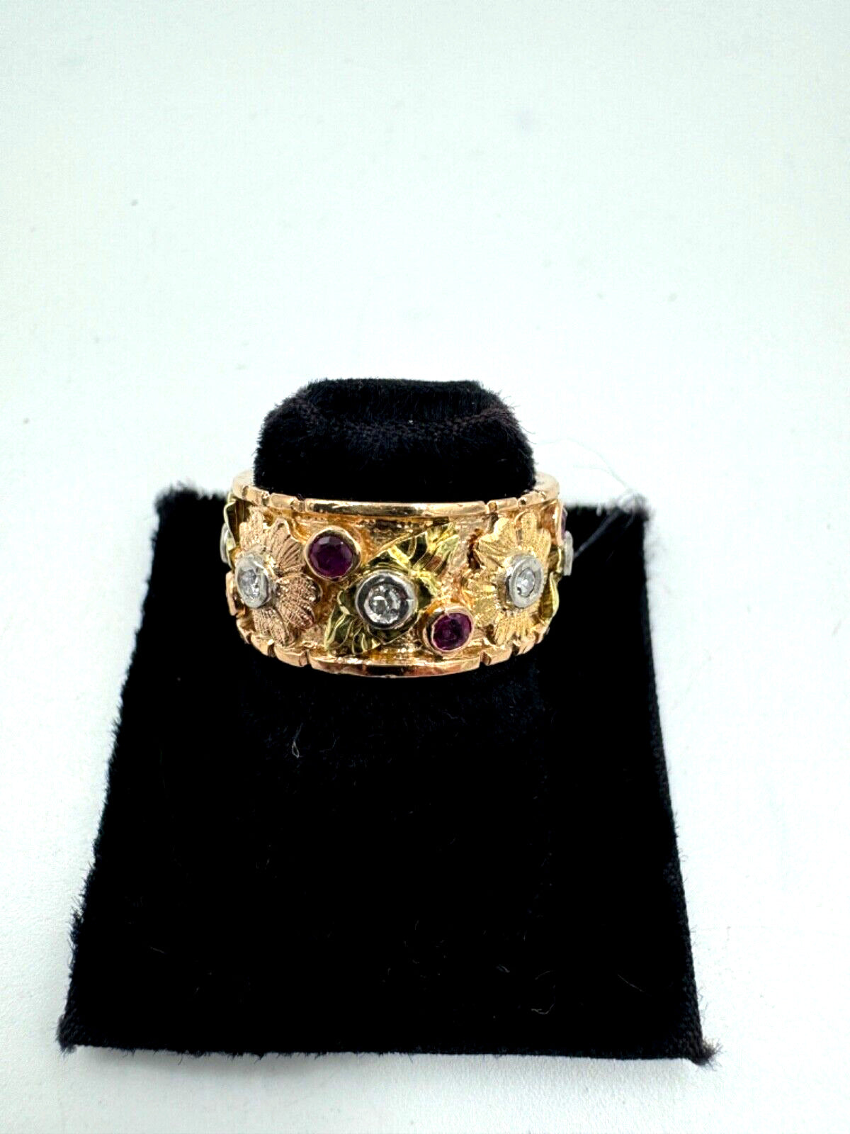 1940s Retro 14k Rose Gold Ruby Diamond 9mm Wide Band Ring