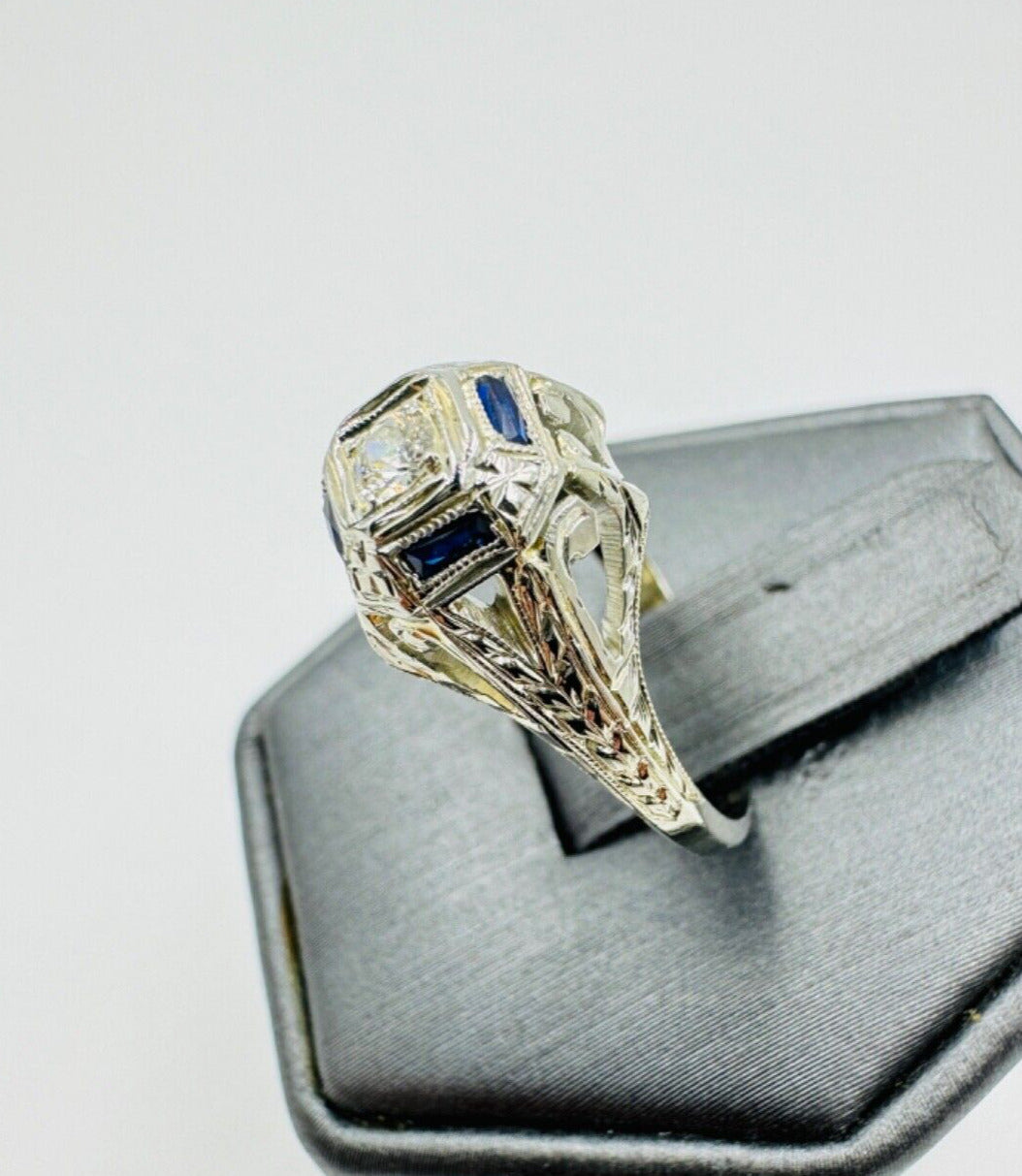 Art Deco 18K Gold Diamond and Sapphire Hand Etched Ring