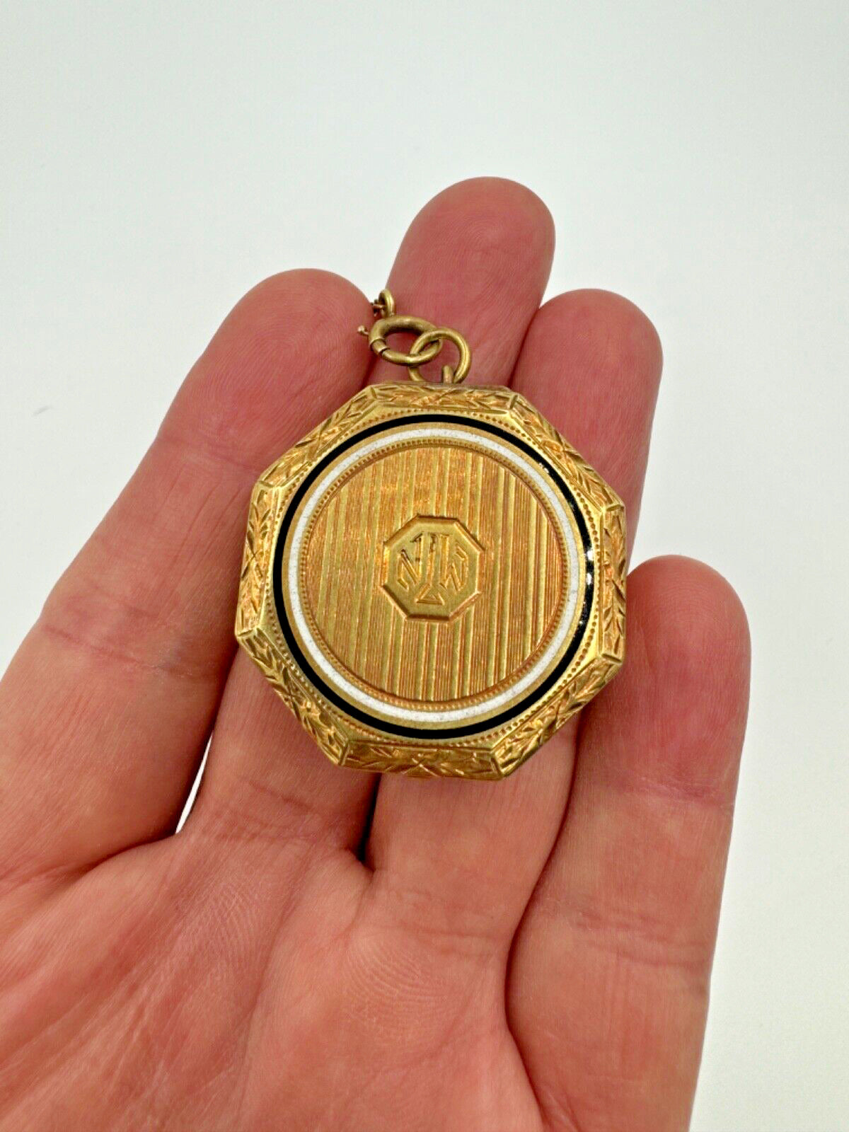 Antique Art Deco Octagonal 14k Gold Ladies' Powder Compact with Chain