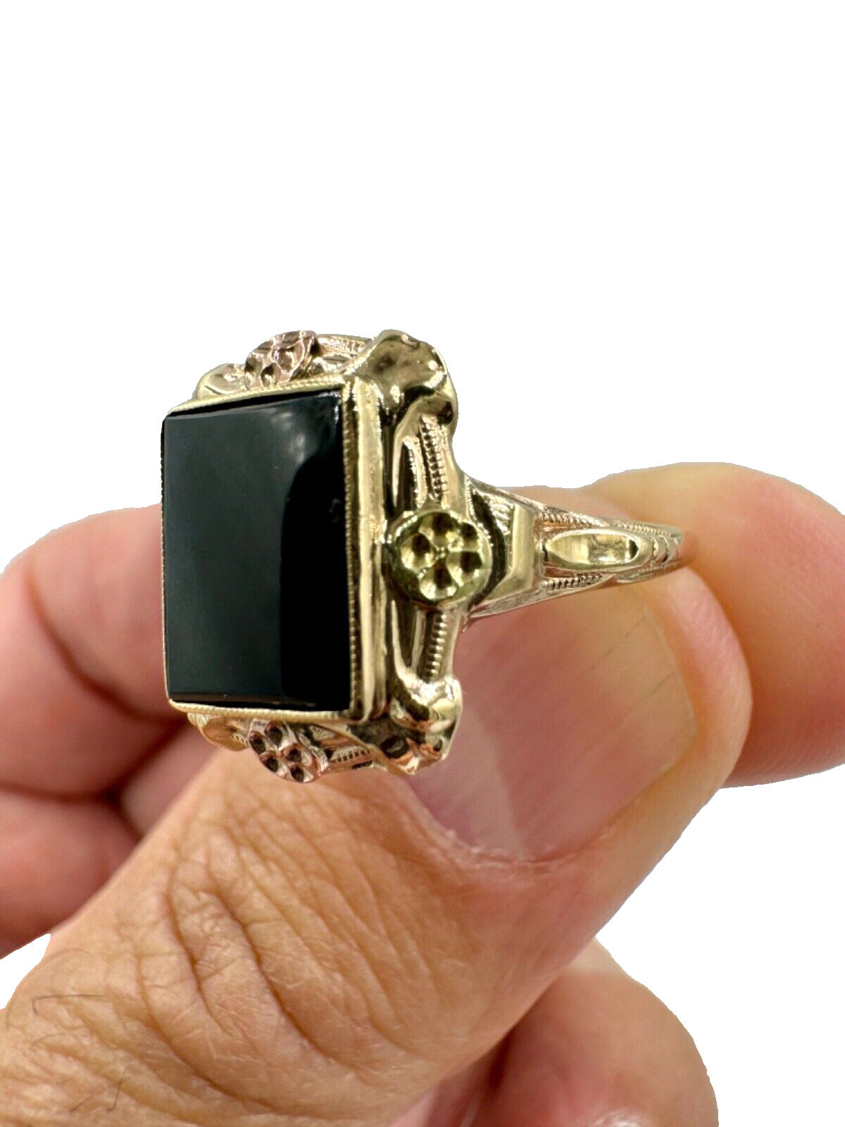 Art Deco 10K Tri Color Gold Onyx Ring