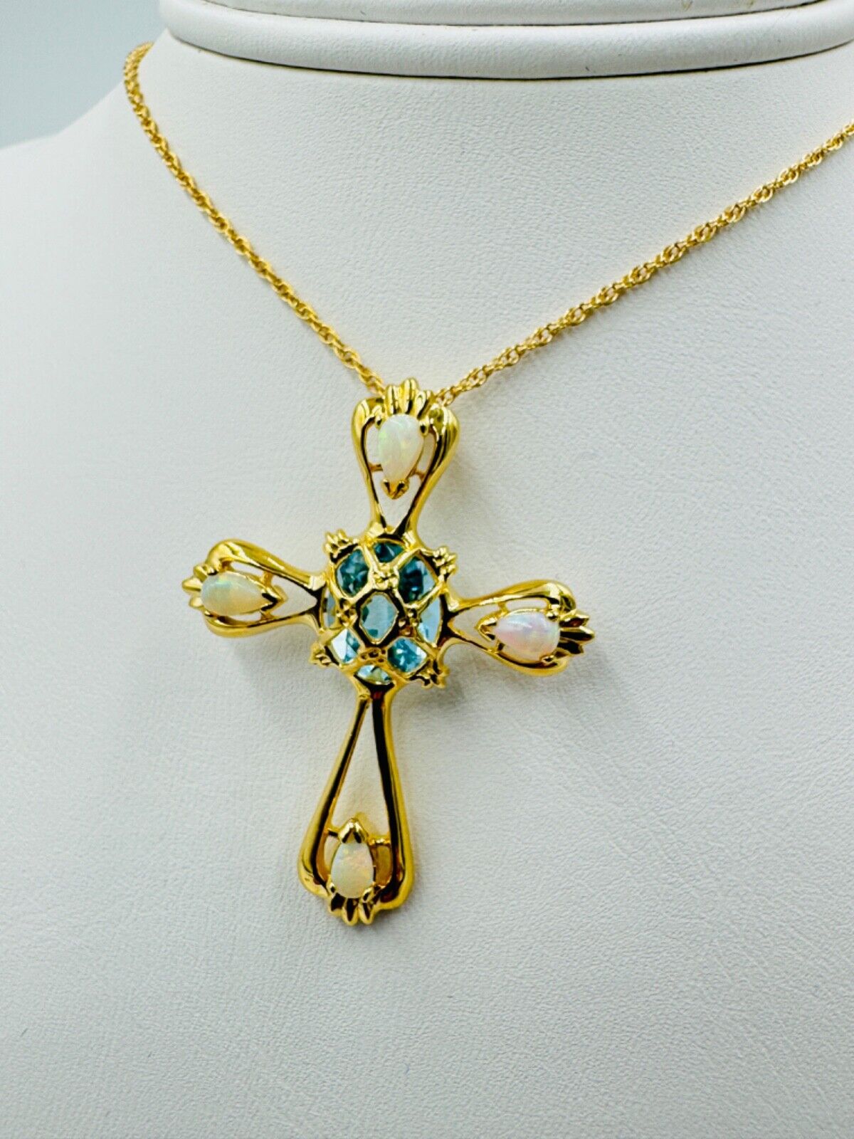 Estate 14k yellow gold Opal Topaz Cross Necklace Pendant