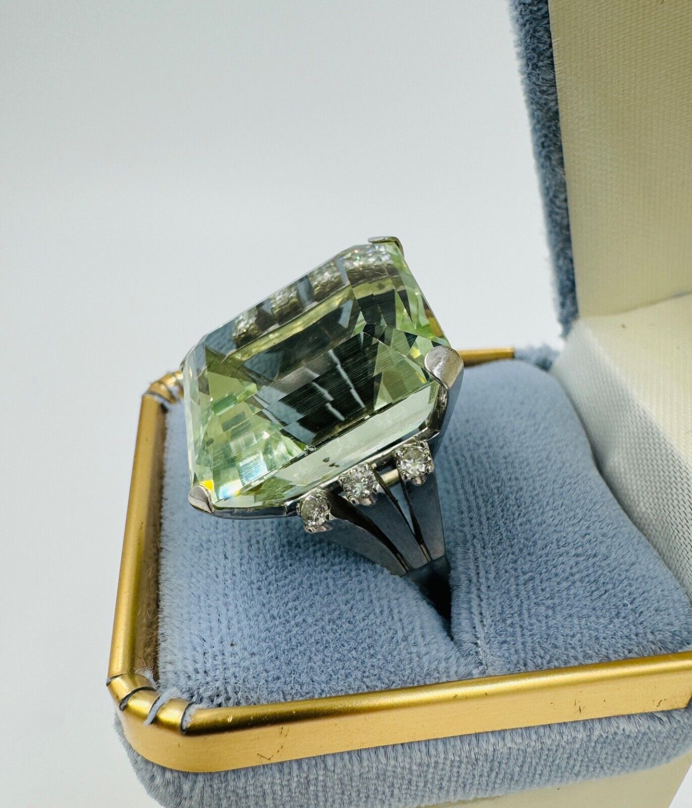 Huge Emerald Cut Green Beryl 14K White Gold Cocktail Ring