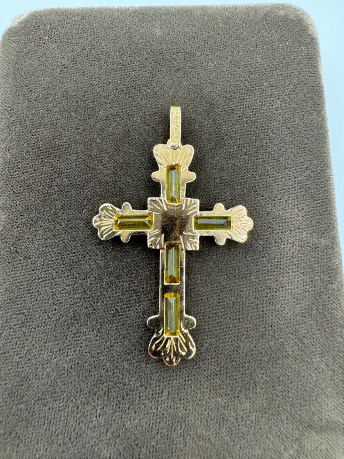 Estate Italian 18k Yellow Gold Diamond and Yellow Stone Cross Pendant